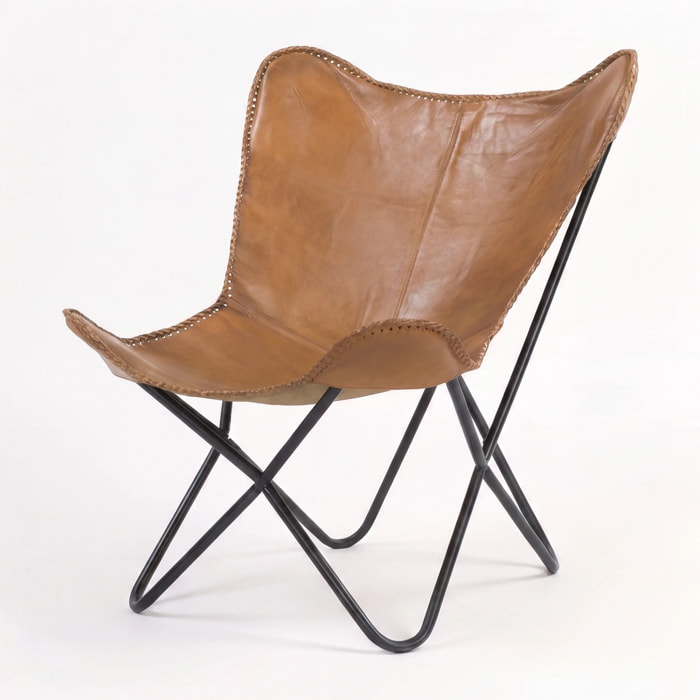 Fauteuil papillon en cuir de buffle marron - Octave