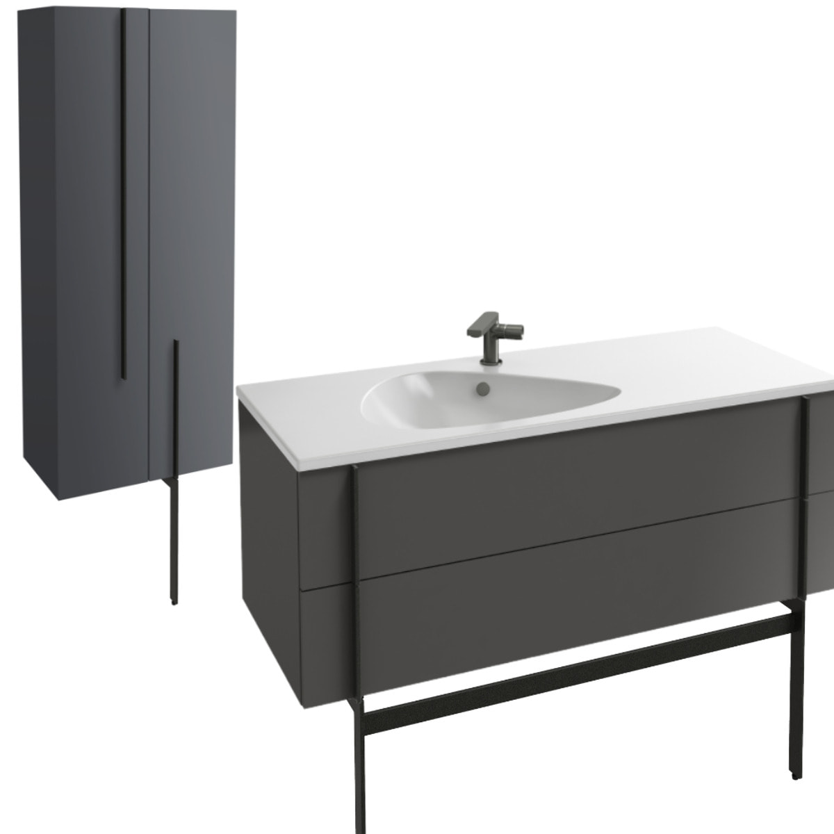 Meuble de salle de bain 120 cm Nouvelle Vague gris brillant + colonne 2 portes + pied