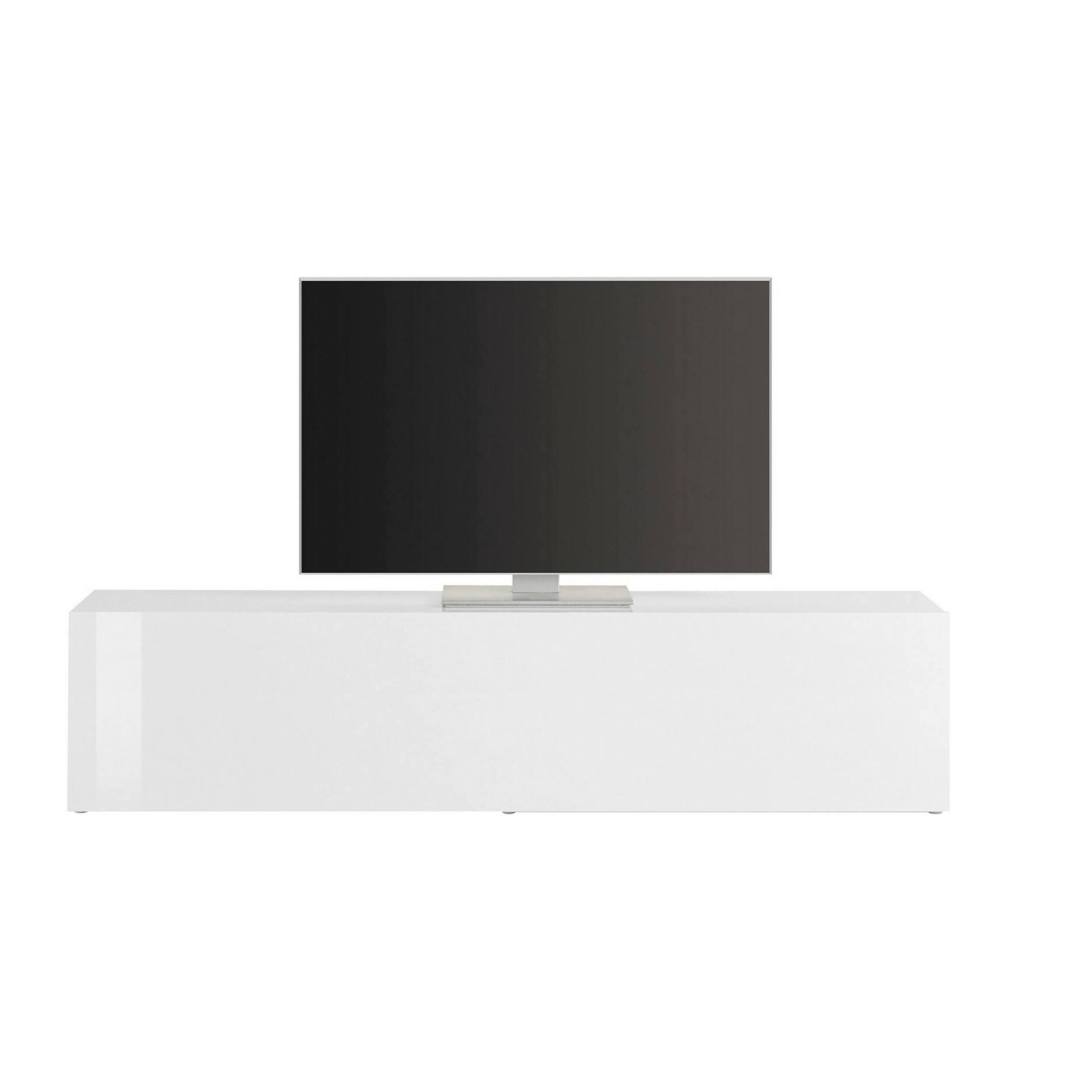 Mobile da soggiorno Porta TV, Made in Italy, Supporto per TV da salotto a 1 anta a ribalta, cm 180x30h40, colore Bianco lucido