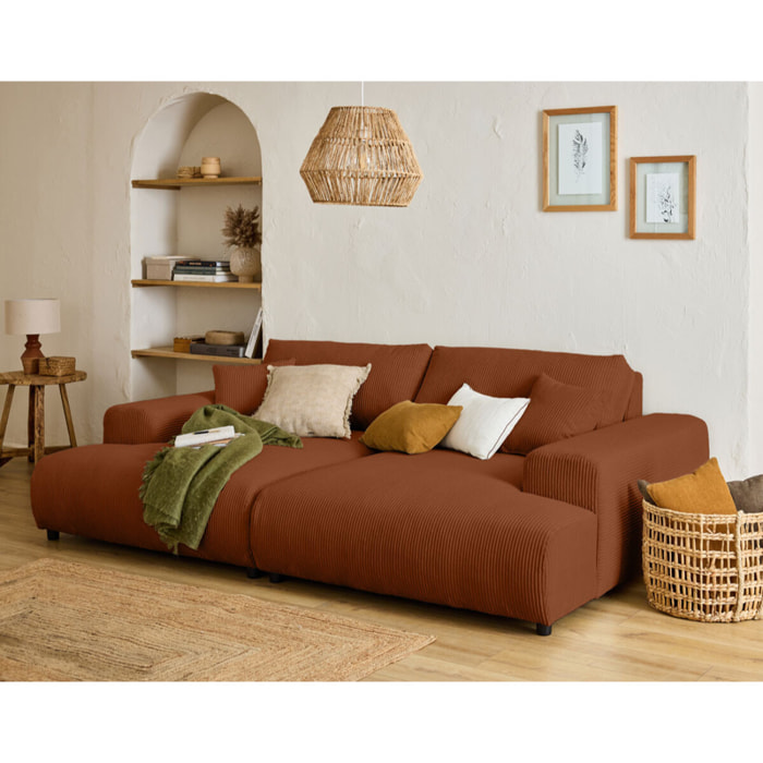 Garance - canapé droit 4 places double méridienne - assise profonde - en velours côtelé - Terracotta