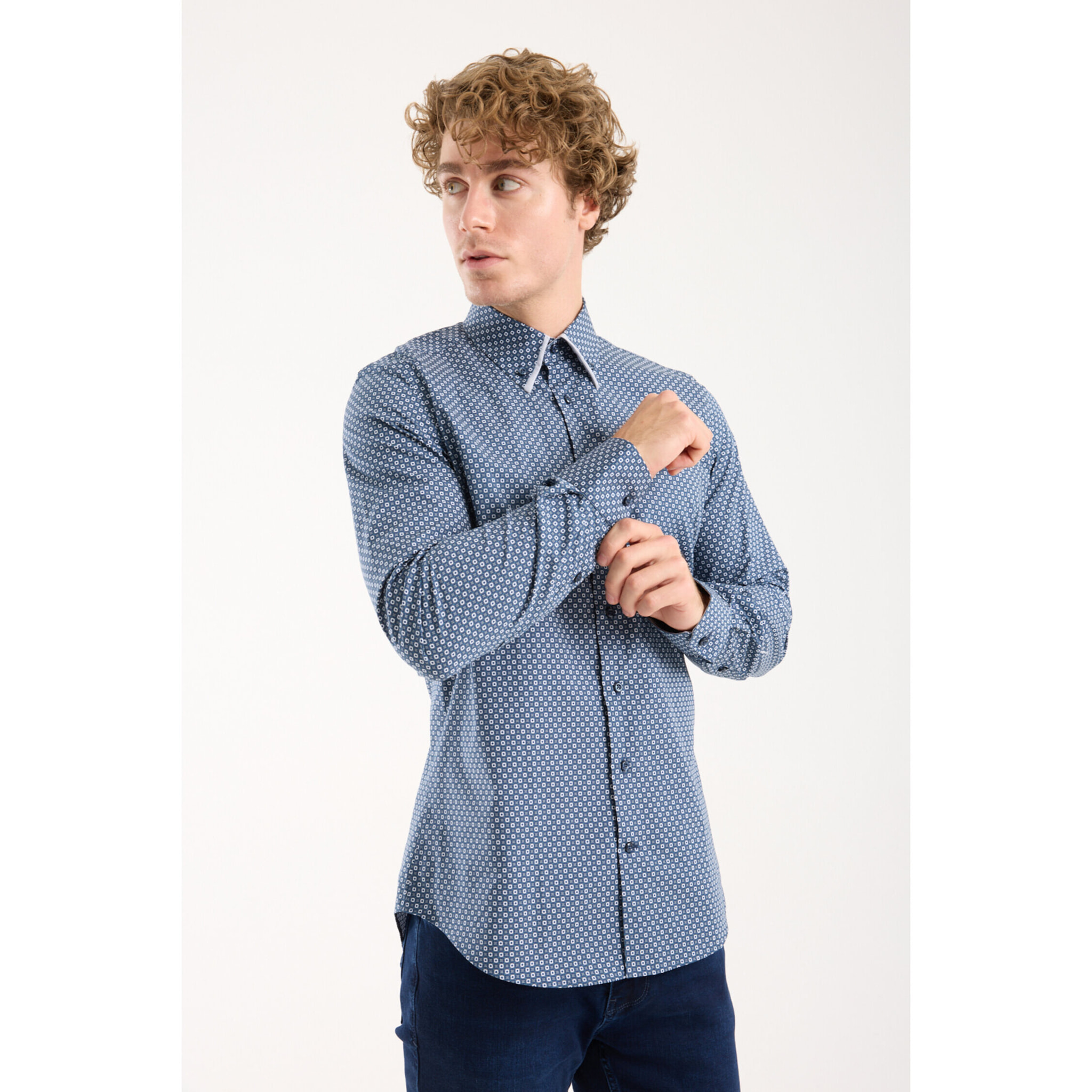 Camicia Uomo 2 Bottoni Button Down Doppio Coll Popeline Stretch Stampato Blu\Bianco