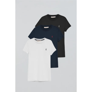 Pack de tres camisetas marino, blanca y negra de manga corta con logo bordado Rigby Go