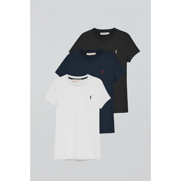 Pack de tres camisetas marino, blanca y negra de manga corta con logo bordado Rigby Go