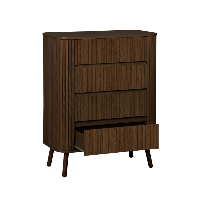 Commode 4 tiroirs. décor strié noyer. L 80x P 45  H 100cm