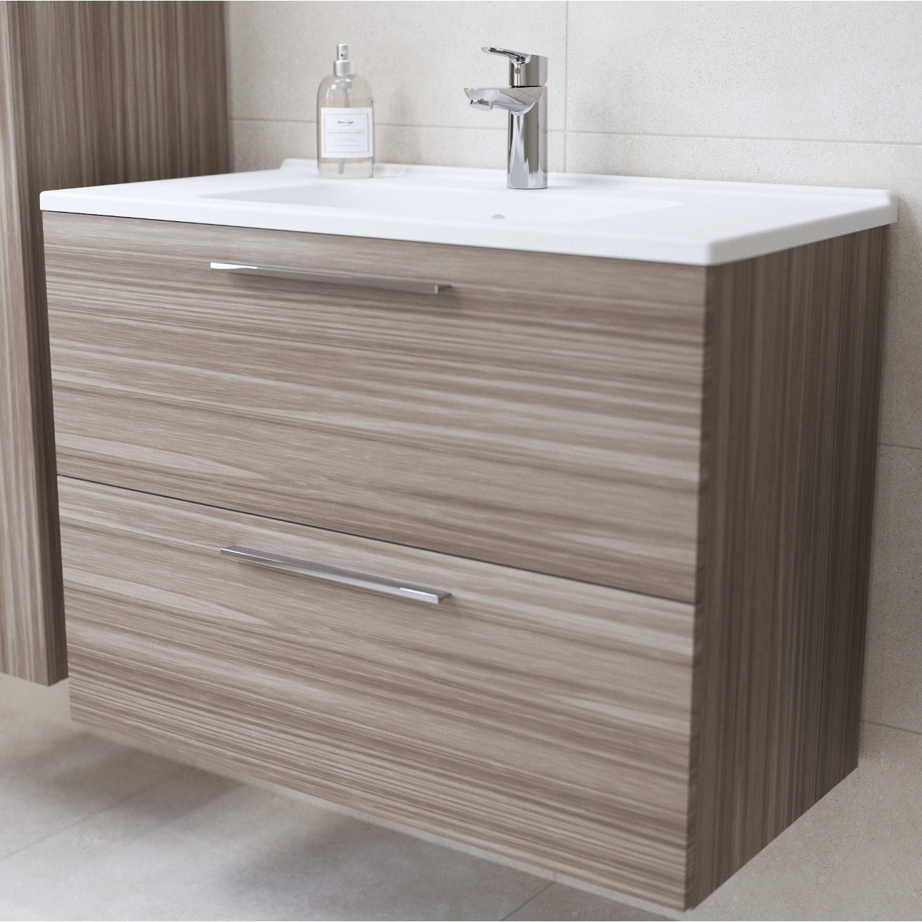 Set Mia ensemble meuble 79x61x39,5 cm  avec miroir, lavabo, éclairage LED + armoire 145x35x35cm, Cordoba