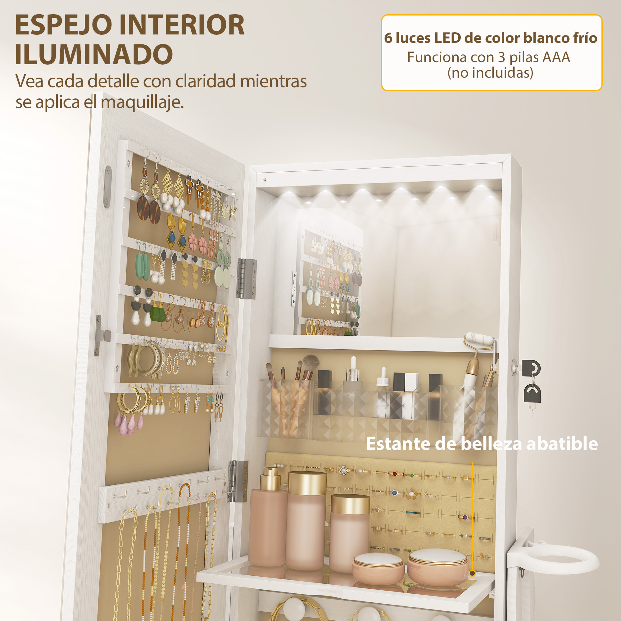 Espejo Joyero con Luces LED, Armario para Joyas, Armario Joyero con Espejo Entero, Giratorio de 360°, Cajón, Cerradura, Estantes Abiertos, Soporte para Secador, Blanco
