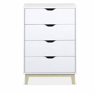 Commode blanche scandinave - Floki - chiffonnier avec pieds en bois de sapin. 4 tiroirs. 60x40x90cm