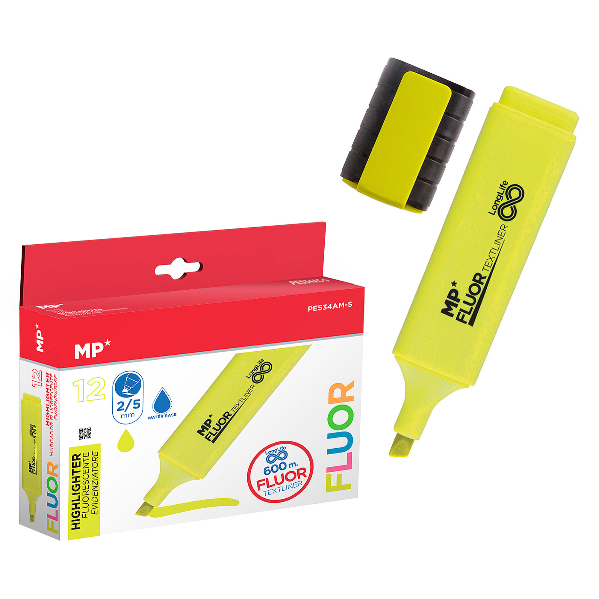 PACK 12 MARCADORES LONG LIFE FLUORESCENTE AMARILLO