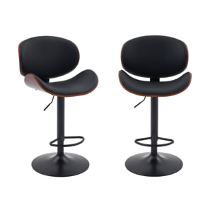 Lot de 2 tabourets de bar réglable décor bois courbé et simili cuir noyer et noir - L 53  P 51 x H 95-116cm - Dwight