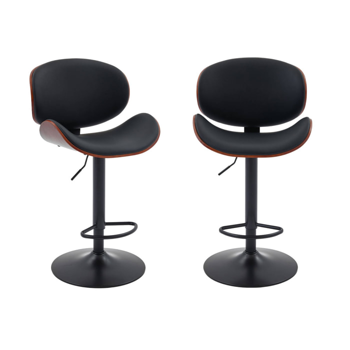 Lot de 2 tabourets de bar réglable décor bois courbé et simili cuir noyer et noir - L 53  P 51 x H 95-116cm - Dwight