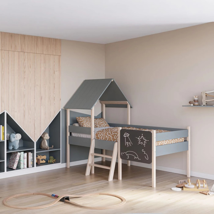 Cama infantil con diseño de cabaña en verde salvia y oak soft 110x202 cm Mokibed Verde Salvia - Oak Soft