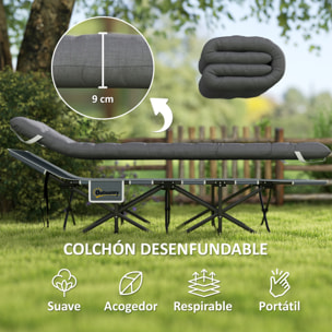 Cama Plegable Camping Cama de Acampada Portátil Tumbona de Camping con Reposacabezas Colchón Extraíble y Bolsa de Transporte Carga 150 kg para Playa Senderismo 196x68x37 cm Gris Oscuro