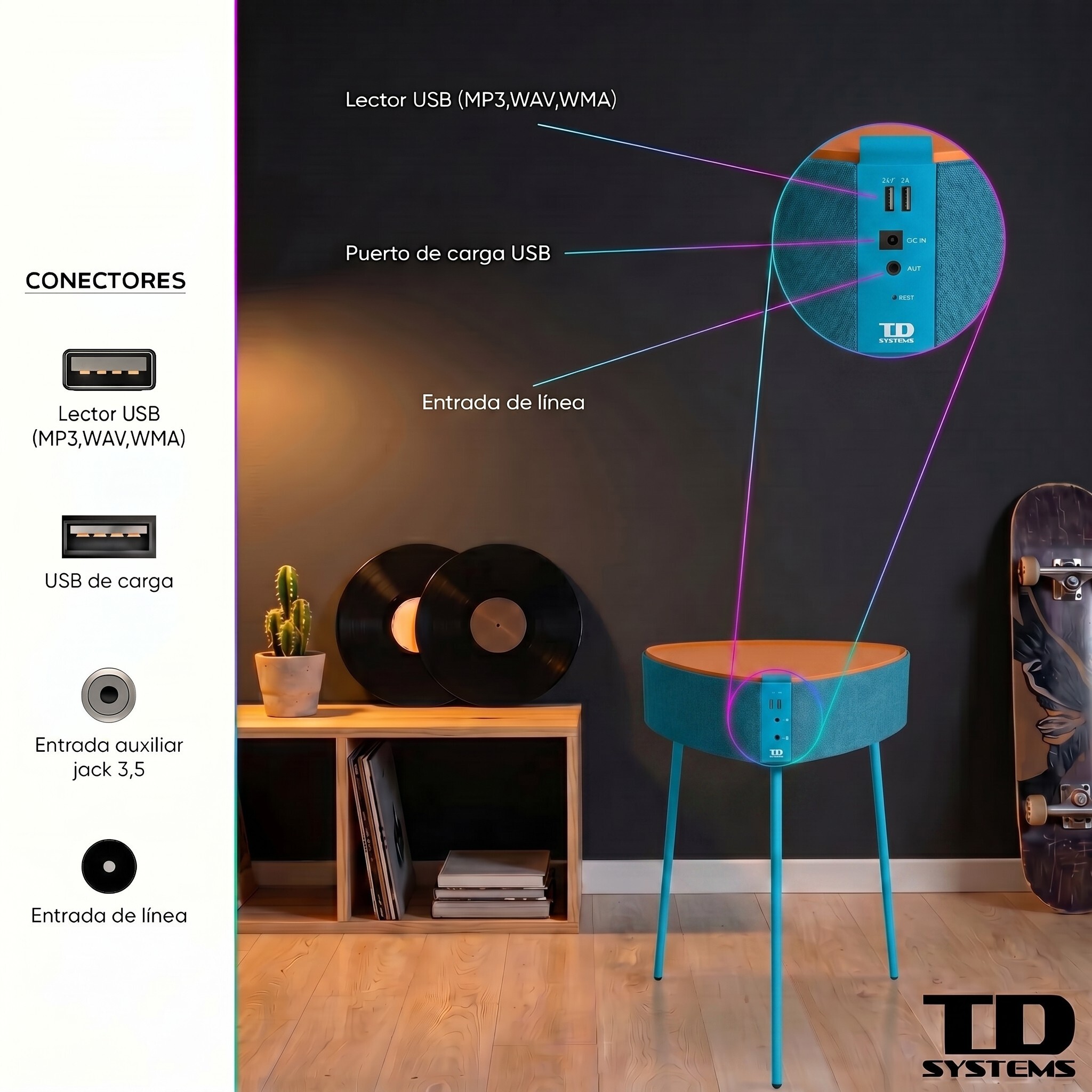 Mesa auxiliar altavoz portátil con sonido de 20W, Bluetooth, Base de carga inalámbrica, batería de 2500mAh. Mesilla o mesita para dormitorio o sala de estar - TD Systems SM20B11PN [Naranja]