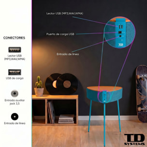 Mesa auxiliar altavoz portátil con sonido de 20W, Bluetooth, Base de carga inalámbrica, batería de 2500mAh. Mesilla o mesita para dormitorio o sala de estar - TD Systems SM20B11PN [Naranja]