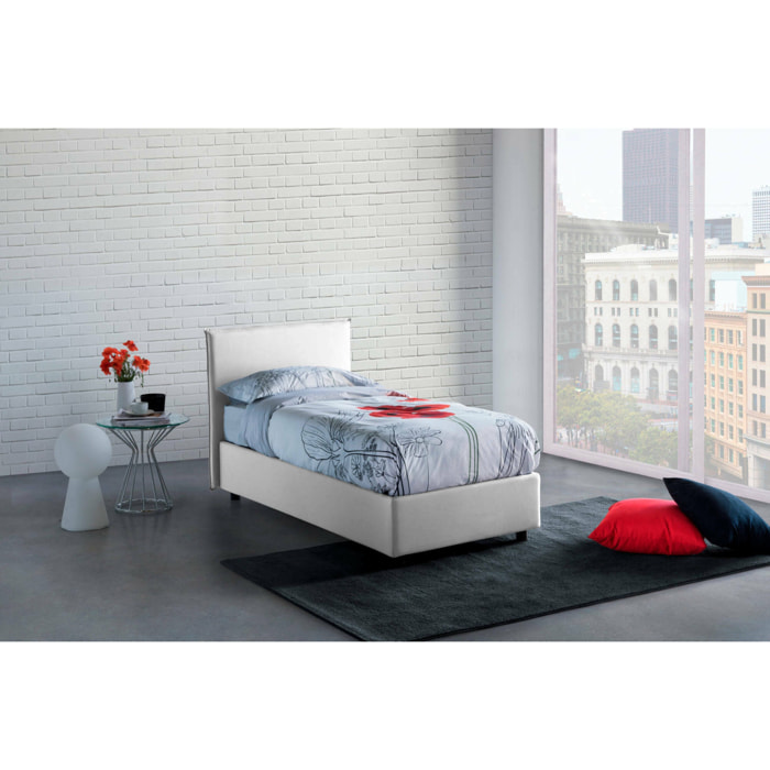 Letto singolo Aquilla, Letto contenitore con rivestimento in tessuto, 100% Made in Italy, Apertura frontale, con materasso Cm 80x190 incluso, Bianco