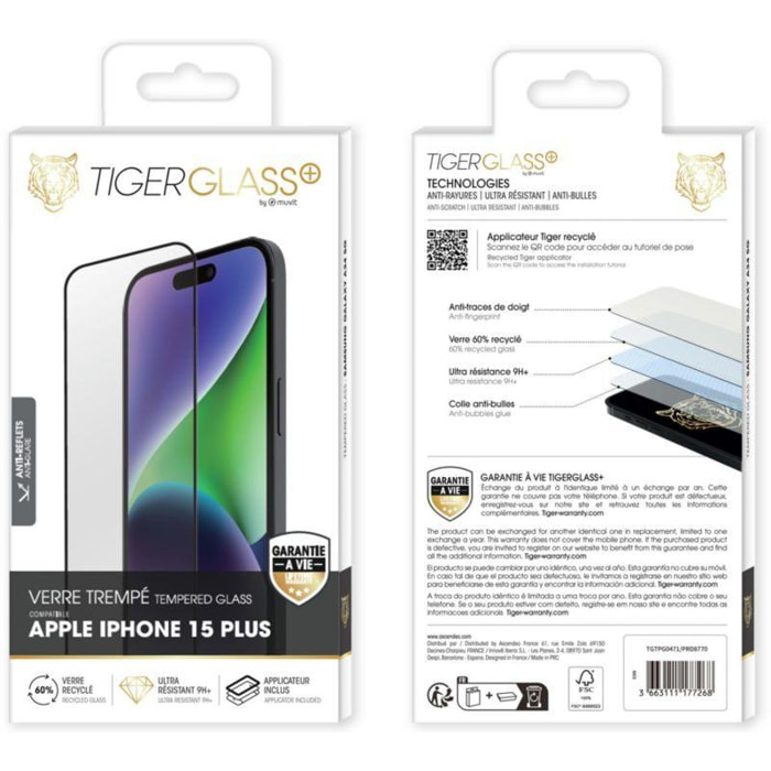 Protège écran TIGER GLASS iPhone 15 Plus Verre trempé recyclé Mat