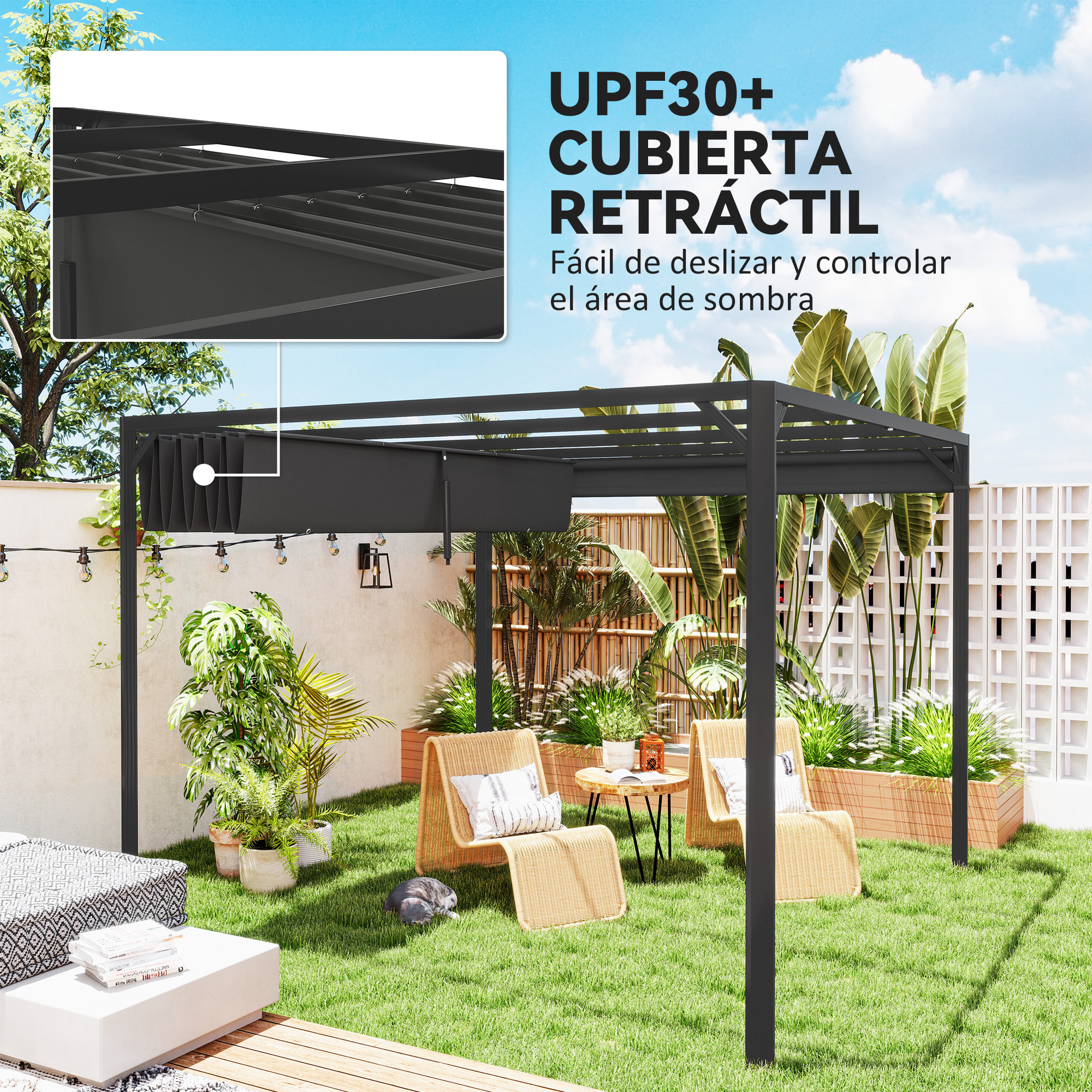 Pérgola de Jardín 3x3 m con Techo Retráctil y Pared Lateral Enrollable, Cenador de Jardín con Estructura de Aluminio, UPF30+, Pabellón para Exterior, Patio, Terraza, Gris Oscuro