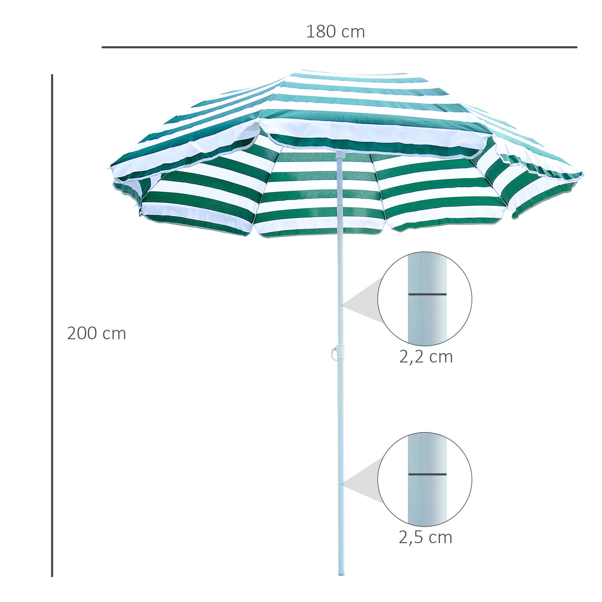 Sombrilla de Playa Ø180 cm con Techo Inclinable y Poste de Metal Protección Solar para Jardín Terraza Exterior Rayas Verde y Blanco