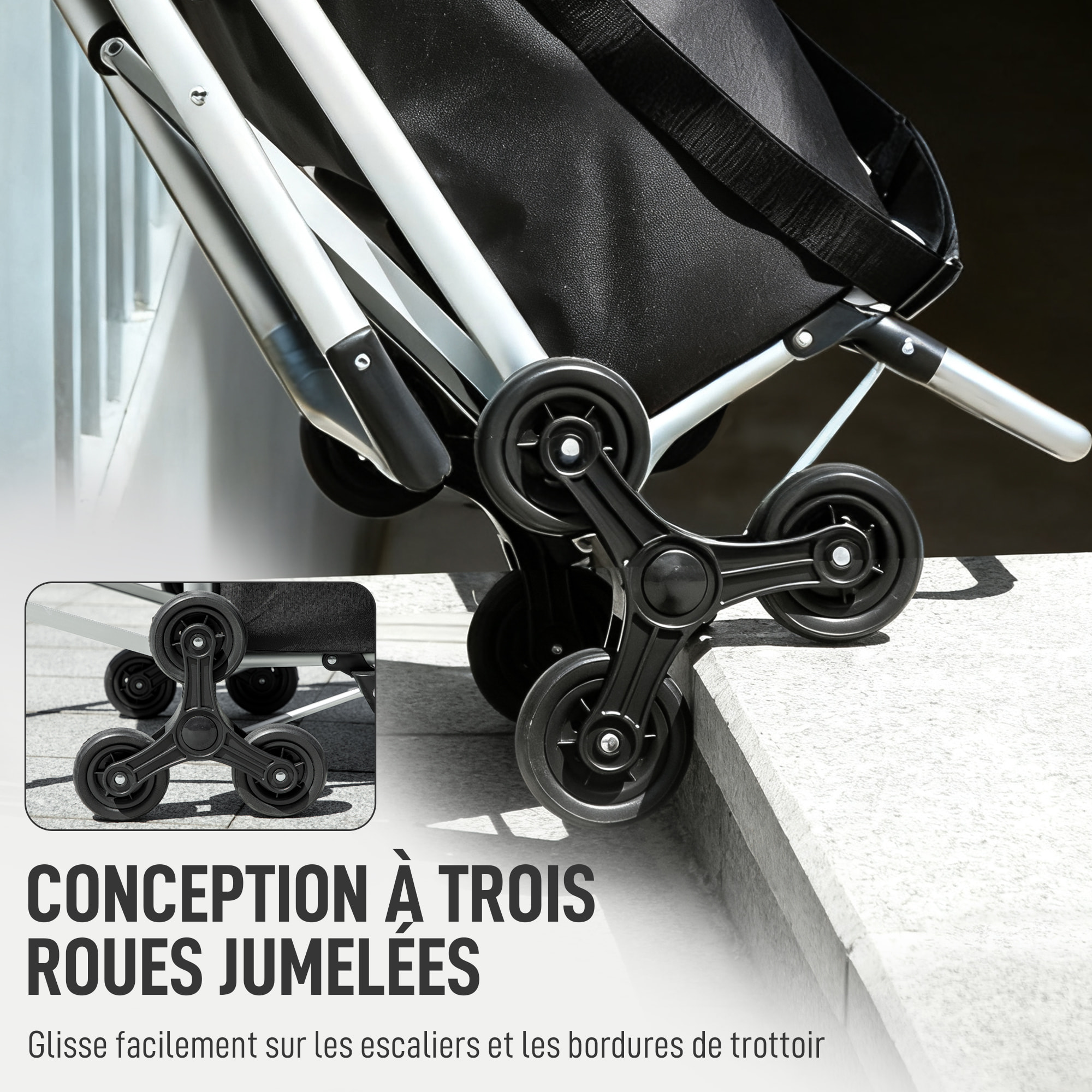 Chariot de courses pliable 3 en 1 tabouret sac à bandoulière 40L poignée telescopique compartiment isotherme alu noir