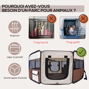 Parc enclos pliable chien chat Ø 90 x 41H cm - 2 portes, 2 poches, sac transport - acier Oxford marron beige