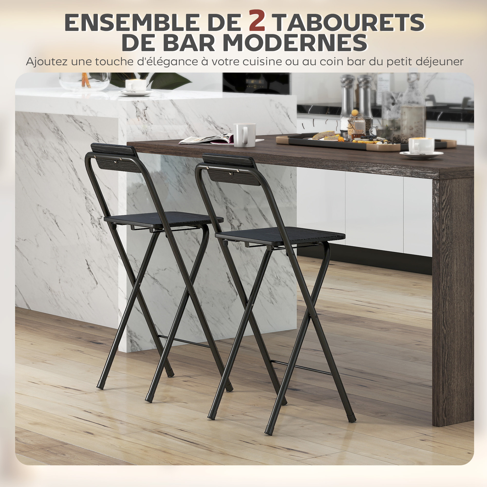 Lot de 2 tabourets de bar pliants avec dossier et repose-pieds acier noir effet bois noir