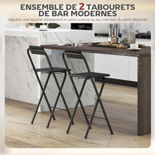 Lot de 2 tabourets de bar pliants avec dossier et repose-pieds acier noir effet bois noir