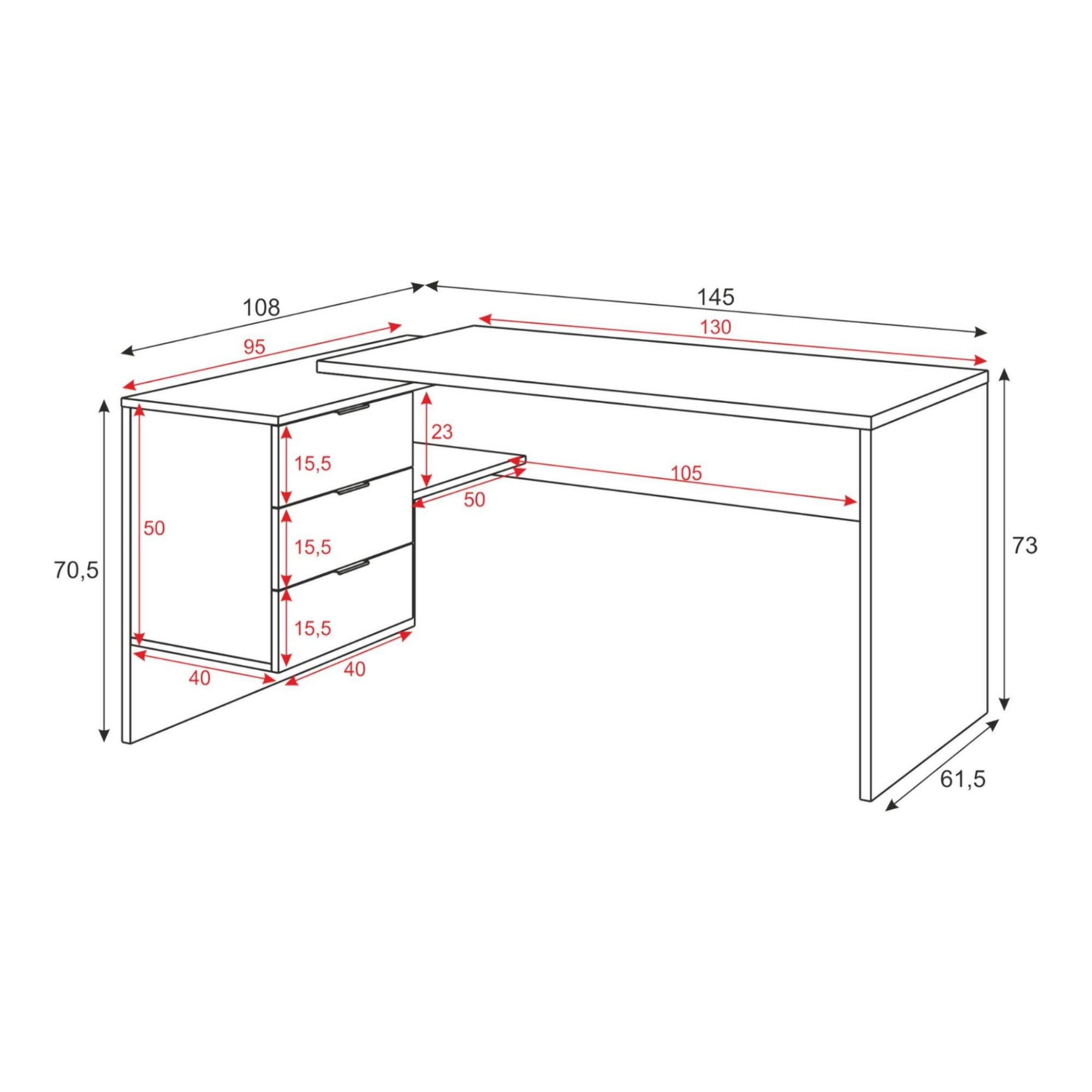 Scrivania Greensboro, Scrittoio multifunzione reversibile da ufficio con cassettiera, Tavolo da studio o ufficio porta PC ad angolo, cm 145x108h73, Rovere e Bianco