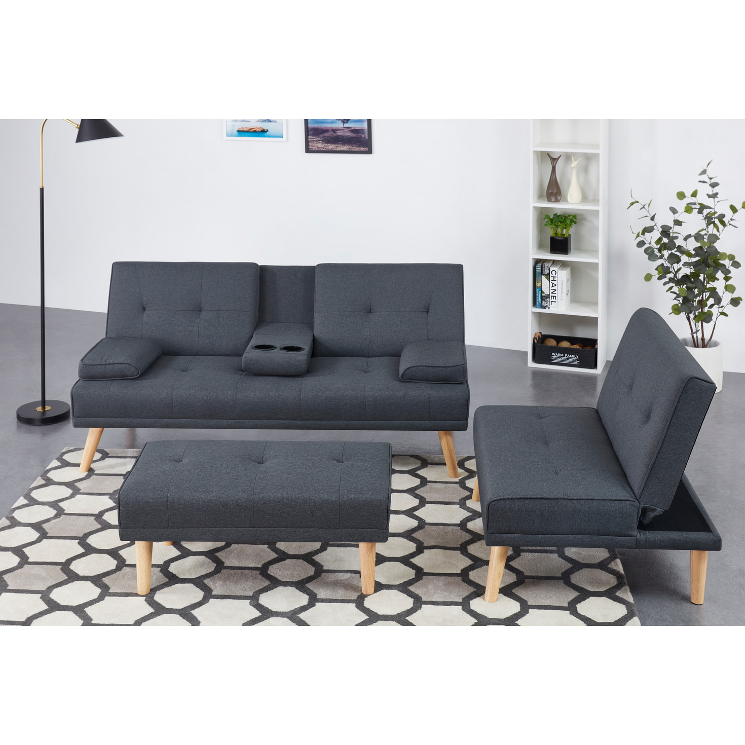 Canapé scandinave convertible 5 places en tissu gris ORLANDO