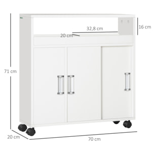 kleankin Armario de Baño con 2 Estantes Abiertos 3 Puertas y Balda Interior Ajustable Mueble Auxiliar de Almacenaje con Ruedas para Salón Cocina Dormitorio 70x20x71 cm Blanco