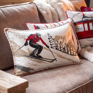 Coussin rectangulaire en coton à motif ski - Blanc