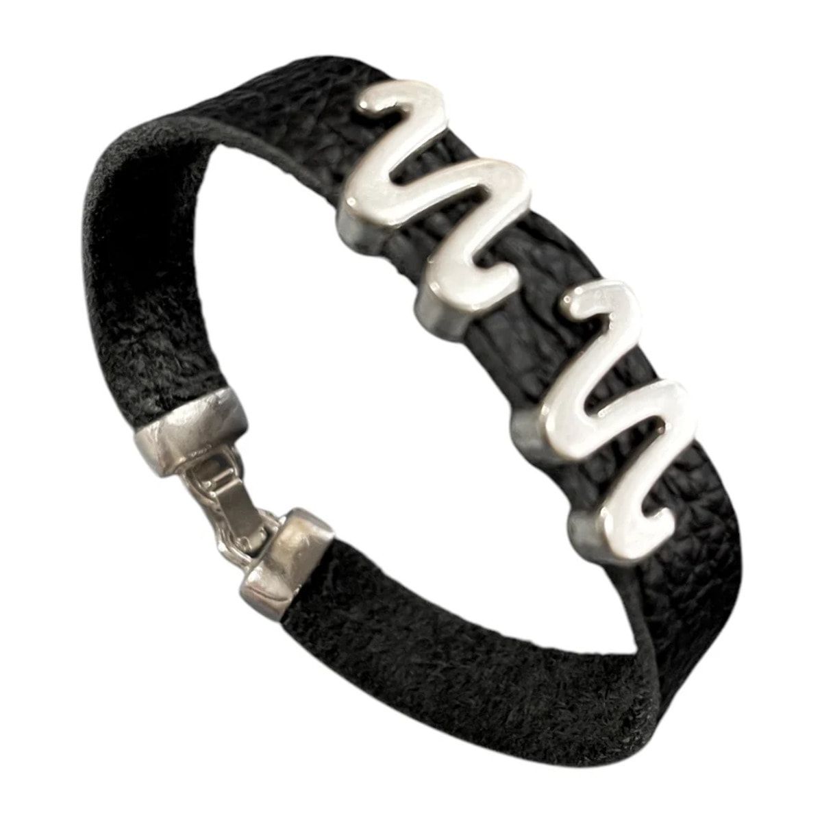 Pulsera MM piel negra y plata 10Mc