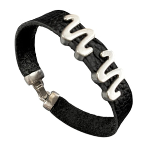 Pulsera MM piel negra y plata 10Mc