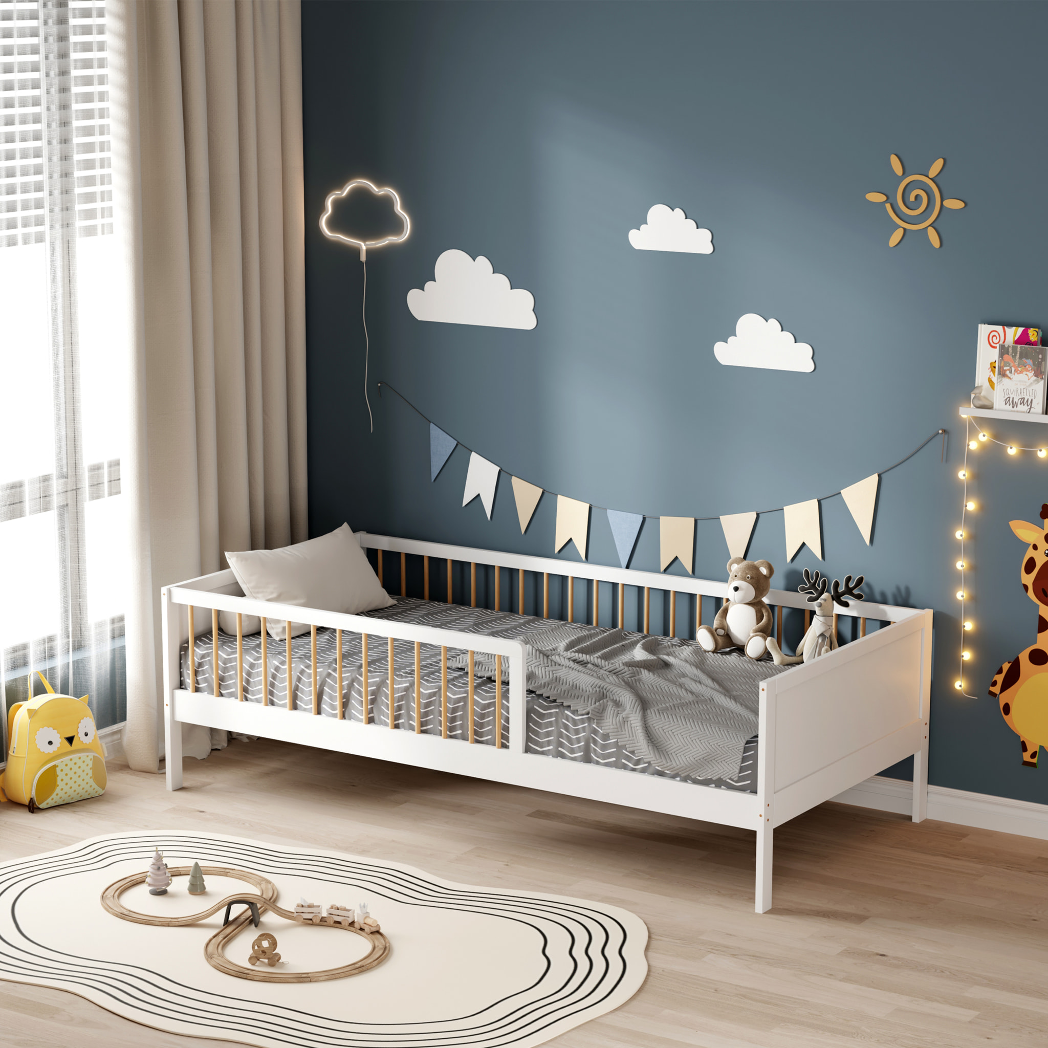 Lit barrière Pépito 90 x 190 cm, Blanc, Bois de Pin Naturel, Barrières Latérales de sécurité, Robuste et Moderne