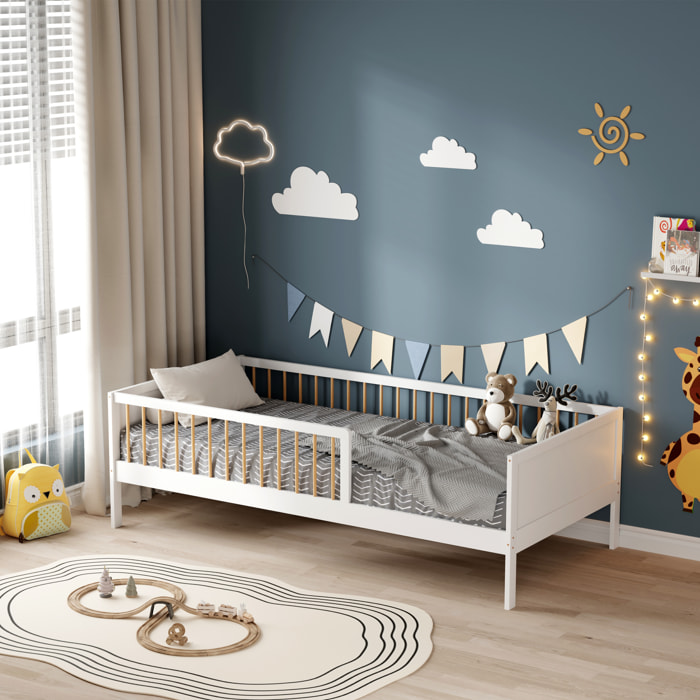Lit barrière Pépito 90 x 190 cm, Blanc, Bois de Pin Naturel, Barrières Latérales de sécurité, Robuste et Moderne