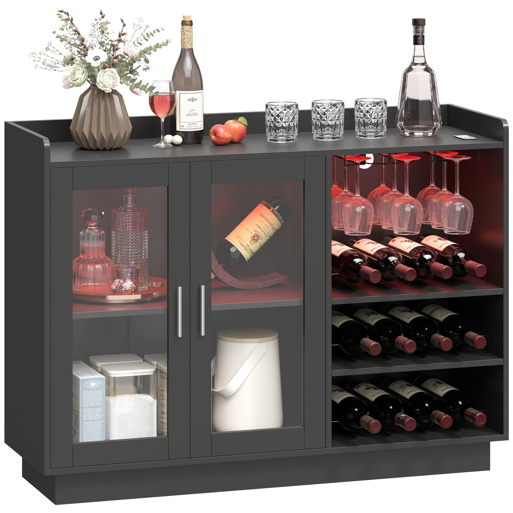 Mueble de Bar, Armario Buffet para Vinos con Luces LED RGB y Botellero para 12 Botellas, Aparador de Cocina con Estante Ajustable y Puertas de Cierre Suave, para Comedor, Salón, Negro