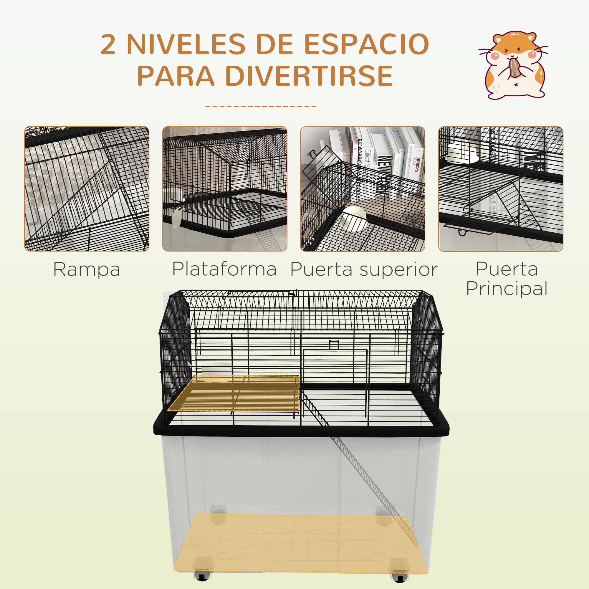 Jaula para Hámster Casa para Animales Pequeños con Fondo Profundo Plataforma Cuenco Bebedero Rampa y Ruedas 57x43x57 cm Negro