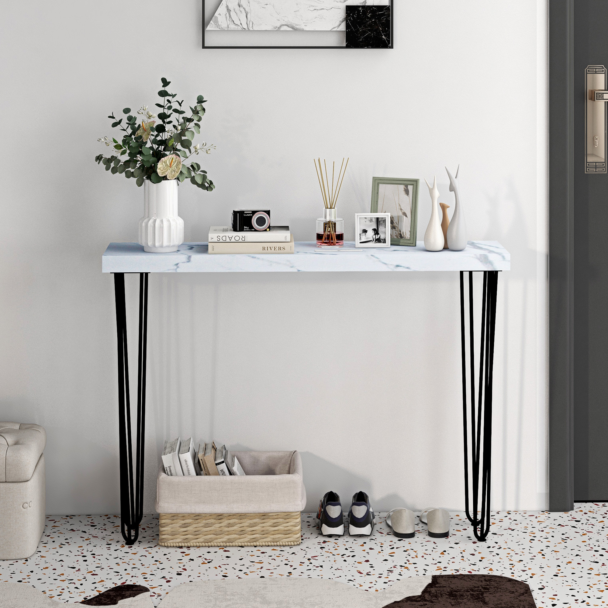 Mesa Consola Moderna Mesa de Entrada con Patas de Acero Antivuelco Mueble de Recibidor para Salón Pasillo 110x25x79,5 cm Blanco