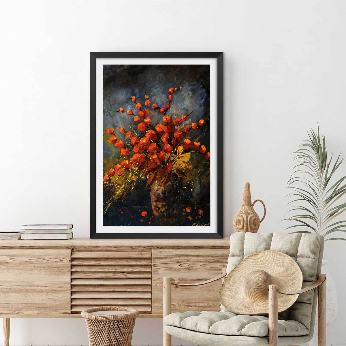 Affiche vase fleurs orange Affiche + cadre en bois - Noir