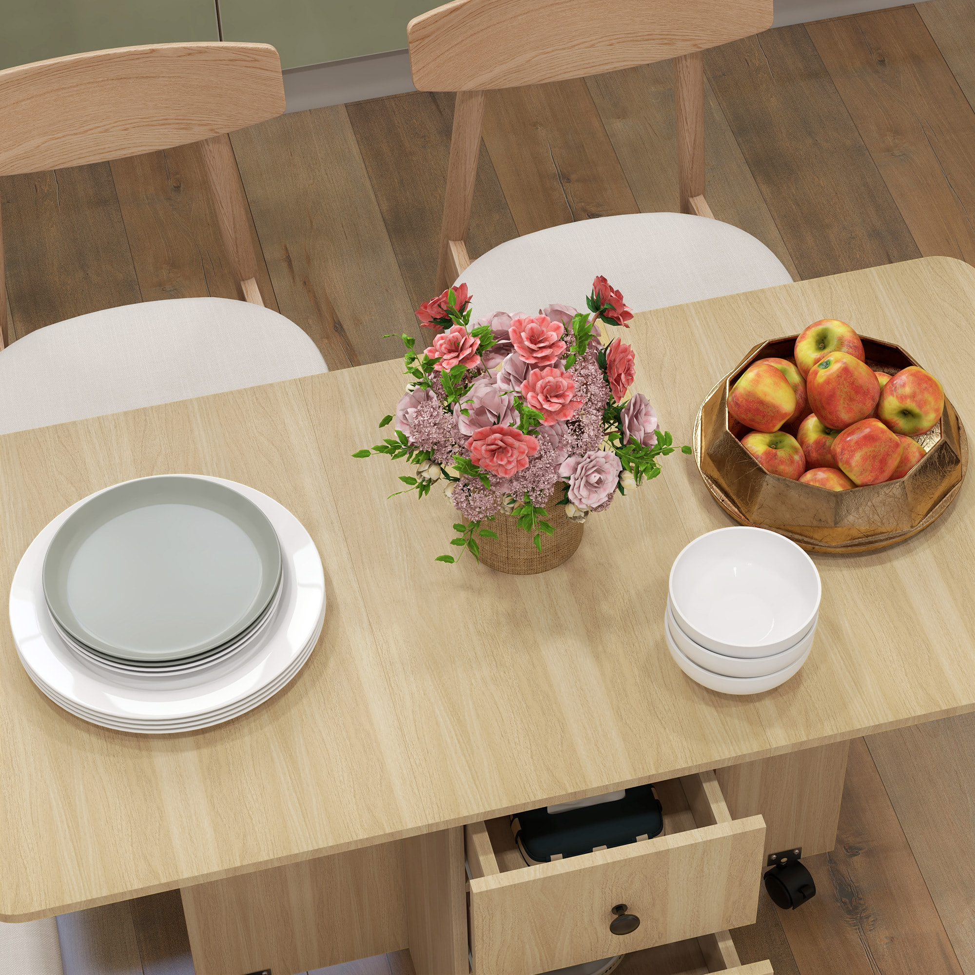 Mesa Plegable de Comedor Mesa de Cocina Plegable con Ruedas Alas Abatibles Cajones y Armario Mesa Plegable para 4-6 Personas 120x60x76,5 cm Natural