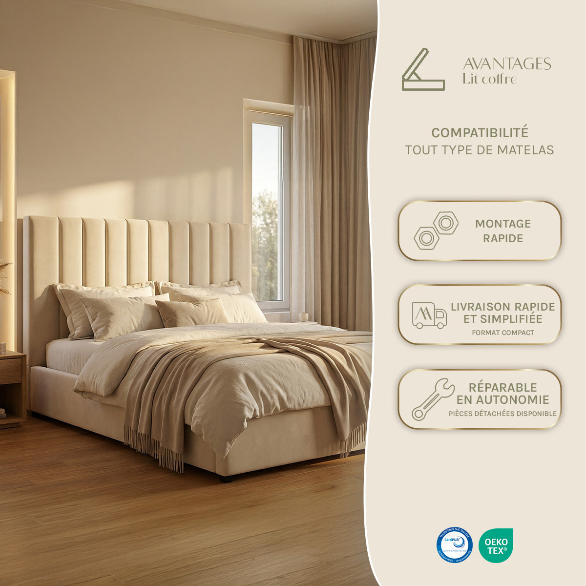 Lit Coffre Giulia Velours Beige, Grand Volume de Rangement, Sommier à Lattes Inclus