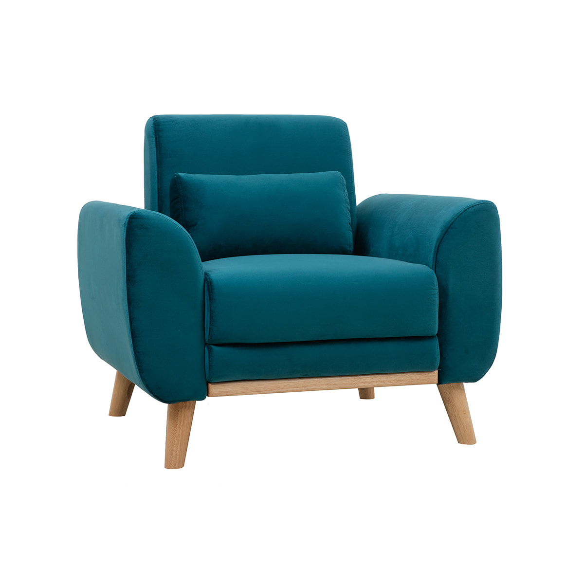 Fauteuil scandinave en tissu velours bleu pétrole et bois clair EKTOR