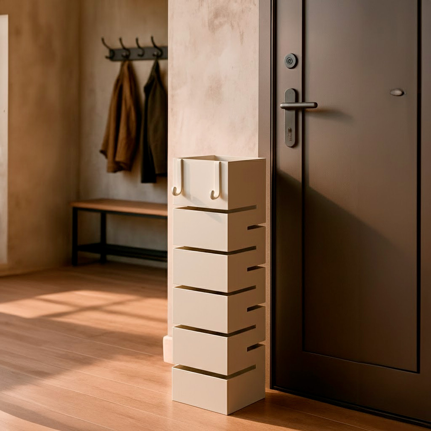 Portaombrelli In Acciaio Zincato Per Interno Esterno Con Vaschetta Scolapioggia 2 Ganci Removibili Base Antiscivolo 49 x 15,5 x 15.5 Cm Bianco