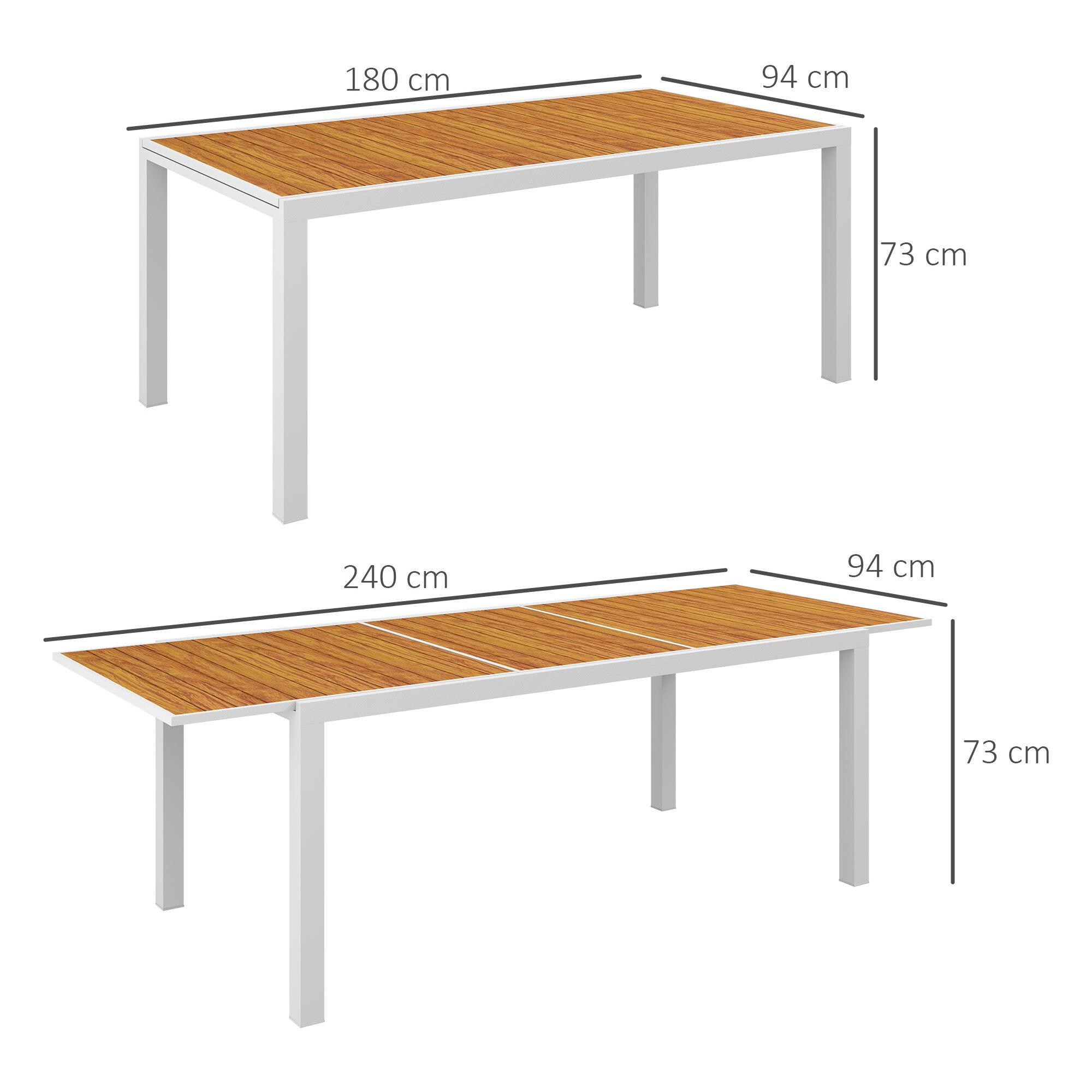 Mesa de Jardín Extensible Mesa de Comedor Exterior Rectangular Mesa de Terraza para 6 Personas con Marco de Aluminio Efecto de Madera Carga 50 kg 180/240x94x73 cm Marrón