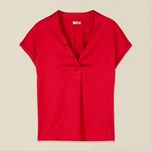 Oltre - T-shirt bimaterica scollo a V - Rosso