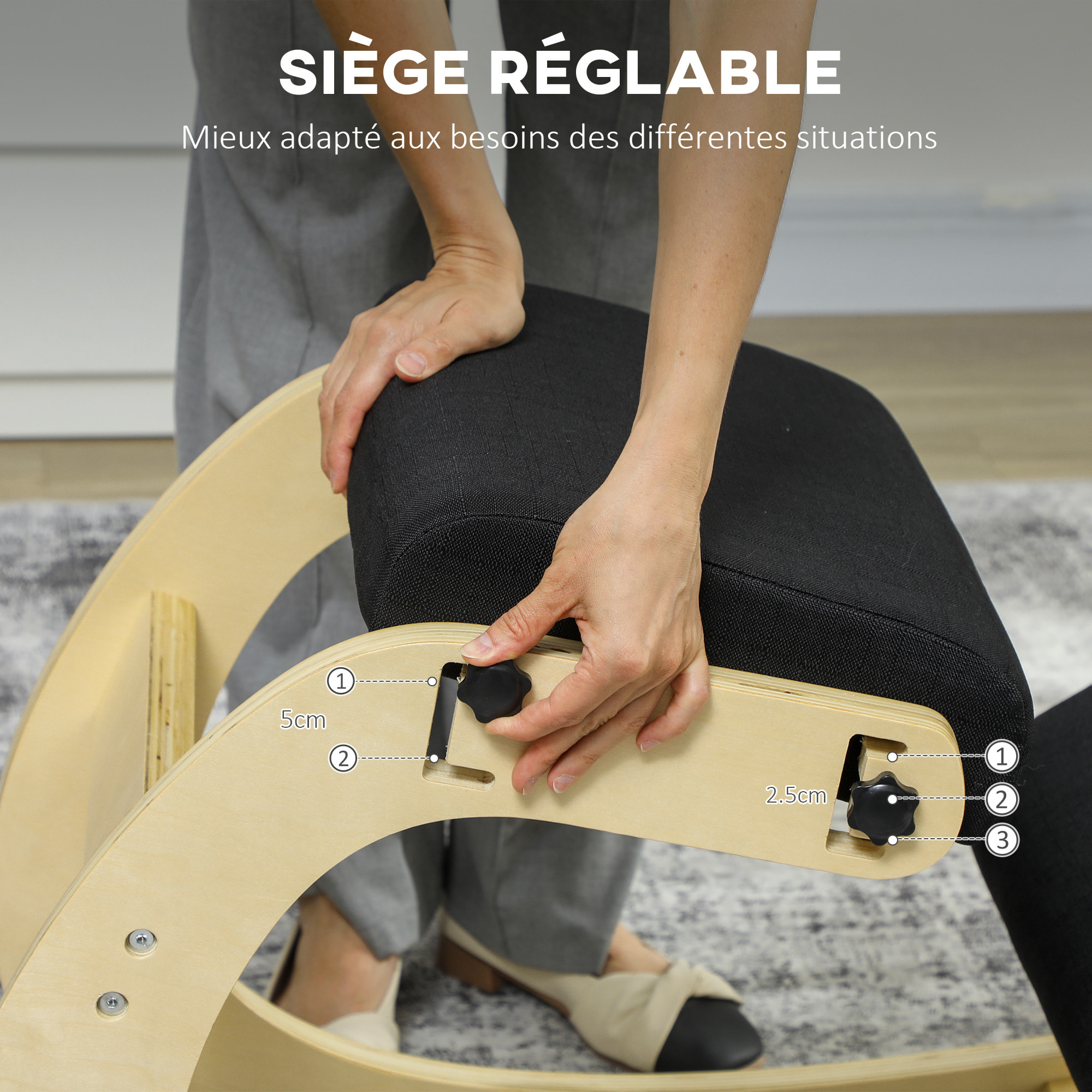 Siège ergonomique - siège assis-genoux - chaise assis genoux grand confort - bois bouleau tissu noir
