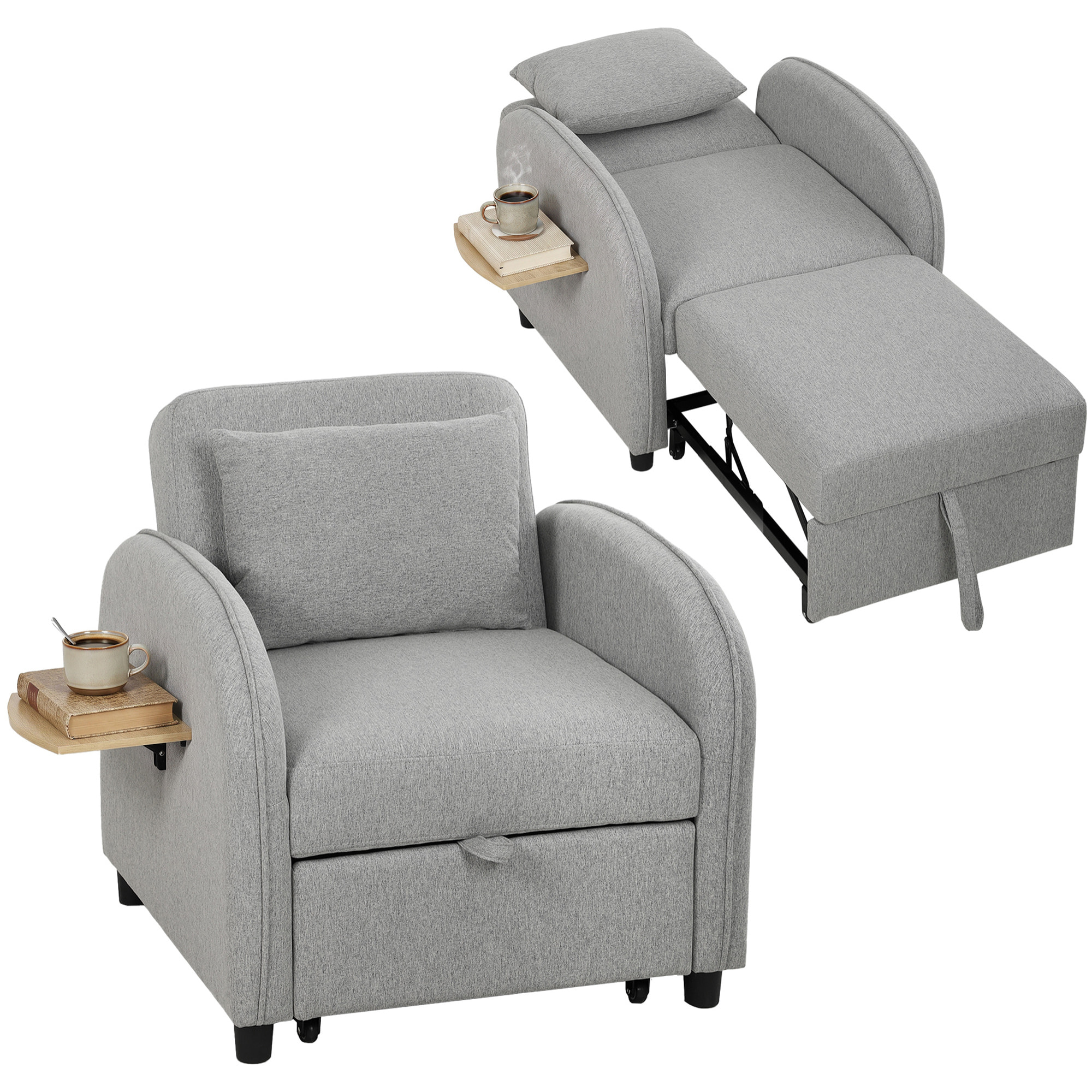 Sofá Cama 1 Plaza Convertible, 3 en 1, con Mesa Lateral Plegable, Sillón Cama con Respaldo Ajustable, Almohada con Funda Lavable, Bolsillo Lateral, para Salón, Dormitorio, Gris