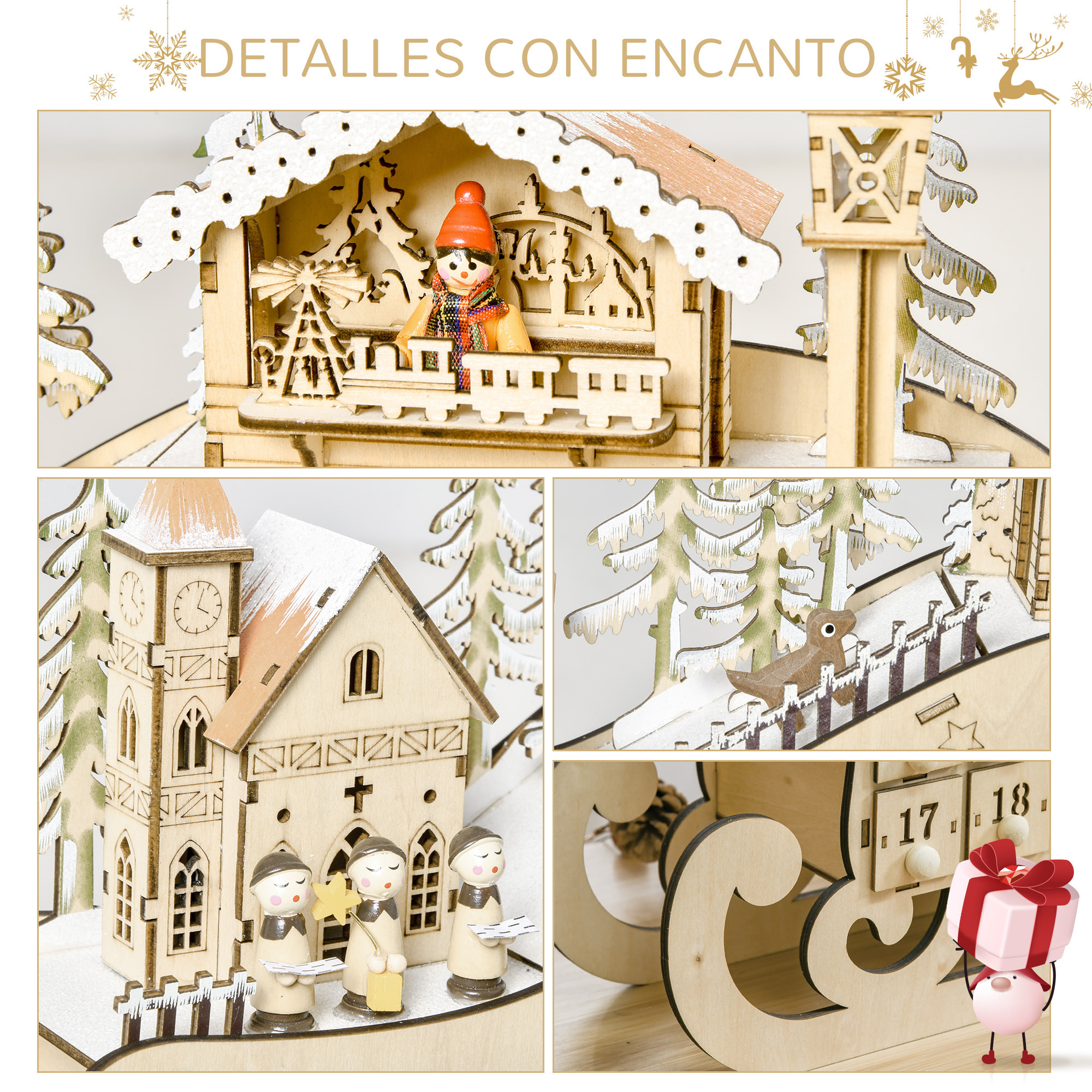 Calendario de Adviento de Navidad Madera con 24 Cajones y Luces LED Decoración Navideña Modelo Trineo 45x10x31 cm Madera Natural