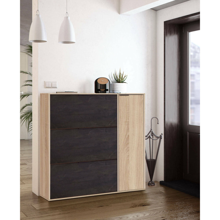 Scarpiera Provo, Armadio portascarpe a 4 ante, Mobile basso multiuso con 5 ripiani, Scarpiera moderna, cm 106x22h115, Rovere e Nero