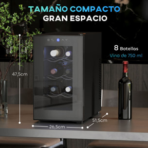Vinoteca 8 Botellas, Nevera para Vinos con Doble Refrigeración Termoeléctrica, Temperatura Ajustable 8-18„ƒ, Puerta de Vidrio, Anti-UV, Pantalla LED Táctil, Luz Interior, Negro