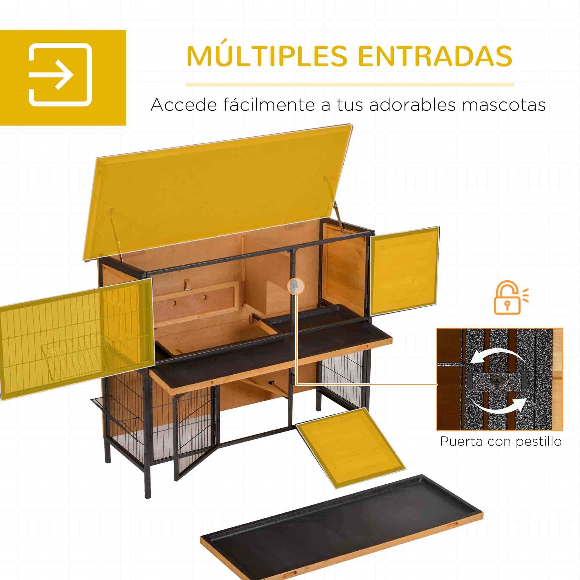 Conejera de Madera de 2 Niveles Jaula para Conejos con Techo Asfáltico Abatible Puertas con Pestillo Bandejas Extraíbles y Rampa Conejera para Exterior 122x50x101 cm Natural y Negro